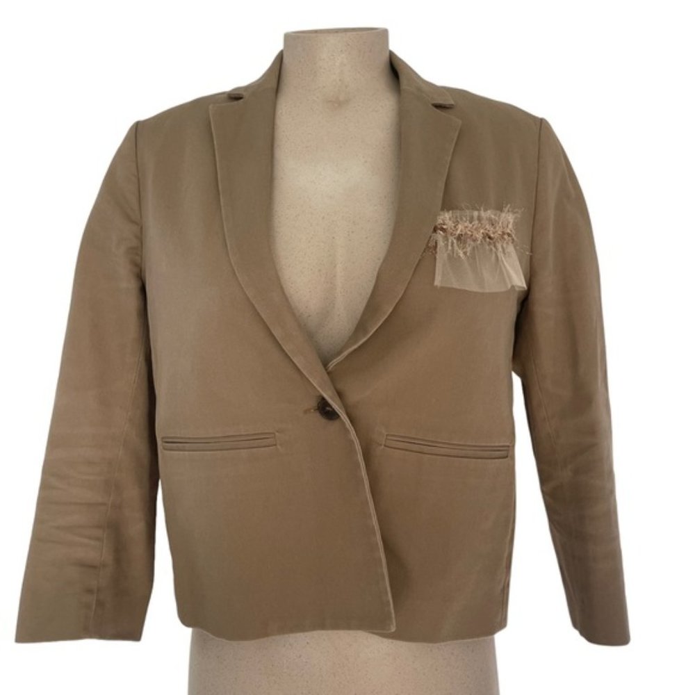 Maje Women's Eucacia Tan/Khaki Cropped Cotton Button Front Blazer Jacket Size 38